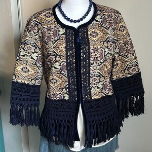 Boston Proper Metallic Thread Brocade Tapestry Fringe Velvet Trimmed Jacket